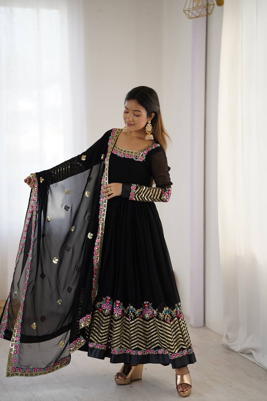 New Designer Black Color Premium Heavy Georgette Anarkali Gown With Bottom And Dupatta Set