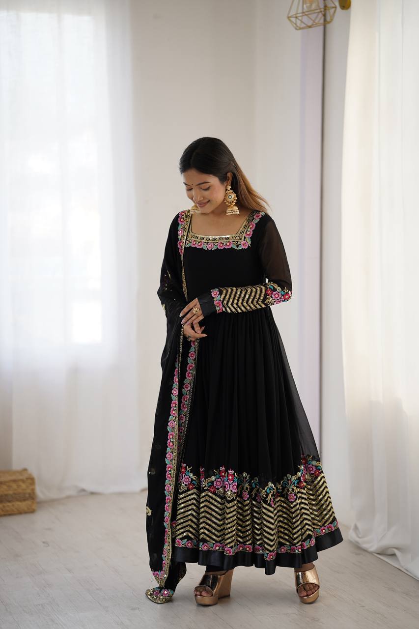 New Designer Black Color Premium Heavy Georgette Anarkali Gown With Bottom And Dupatta Set