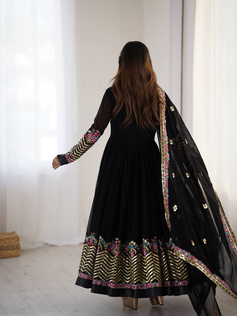 New Designer Black Color Premium Heavy Georgette Anarkali Gown With Bottom And Dupatta Set