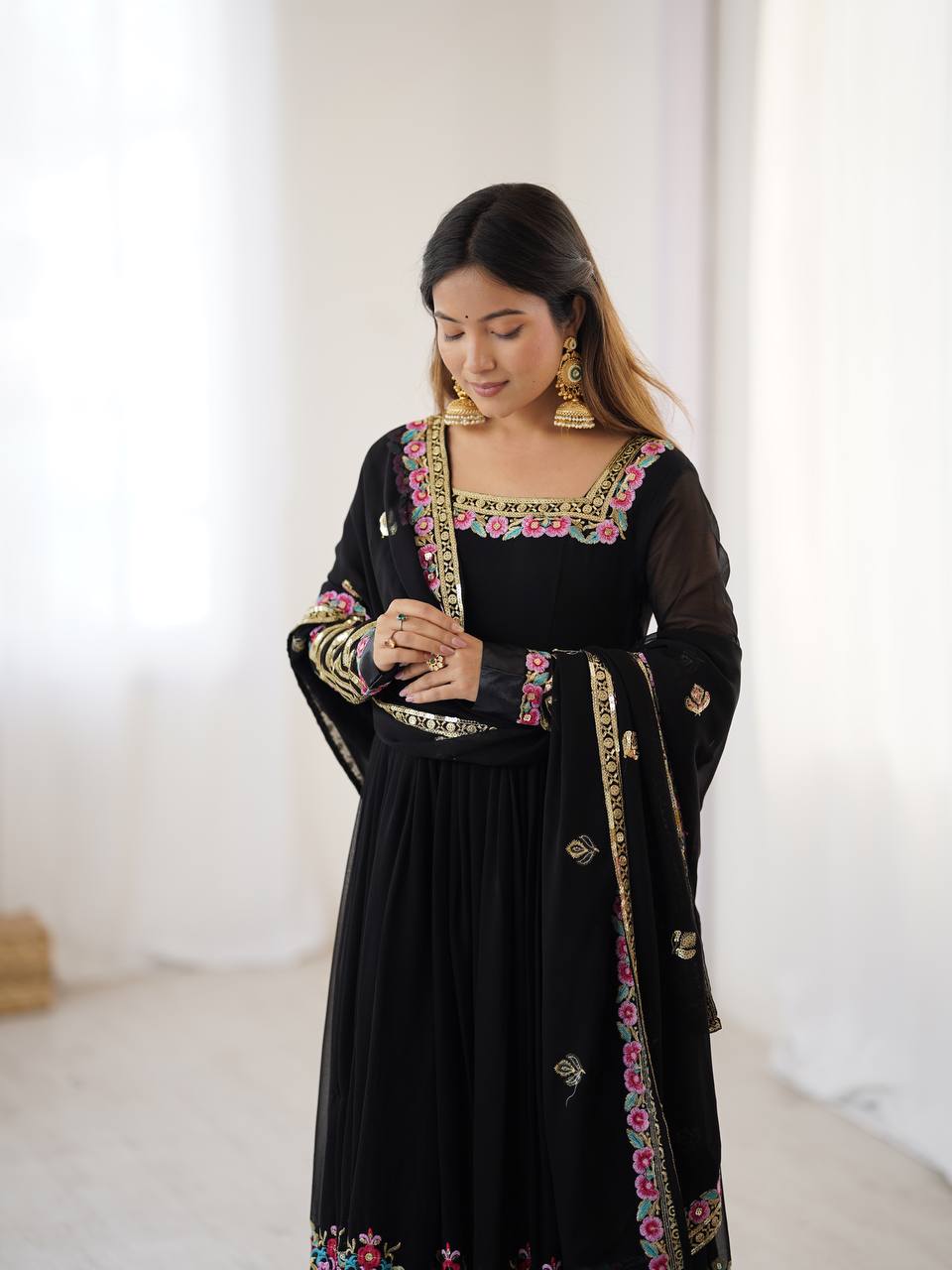 New Designer Black Color Premium Heavy Georgette Anarkali Gown With Bottom And Dupatta Set
