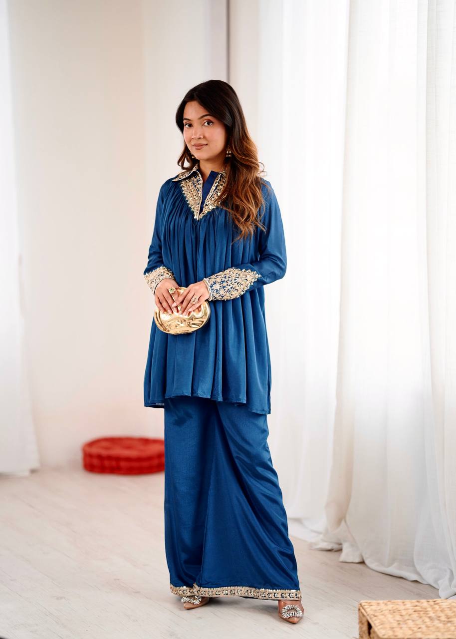 New Look Designer Heavy Chinon Embroidery Sequence Top & Plazzo Set