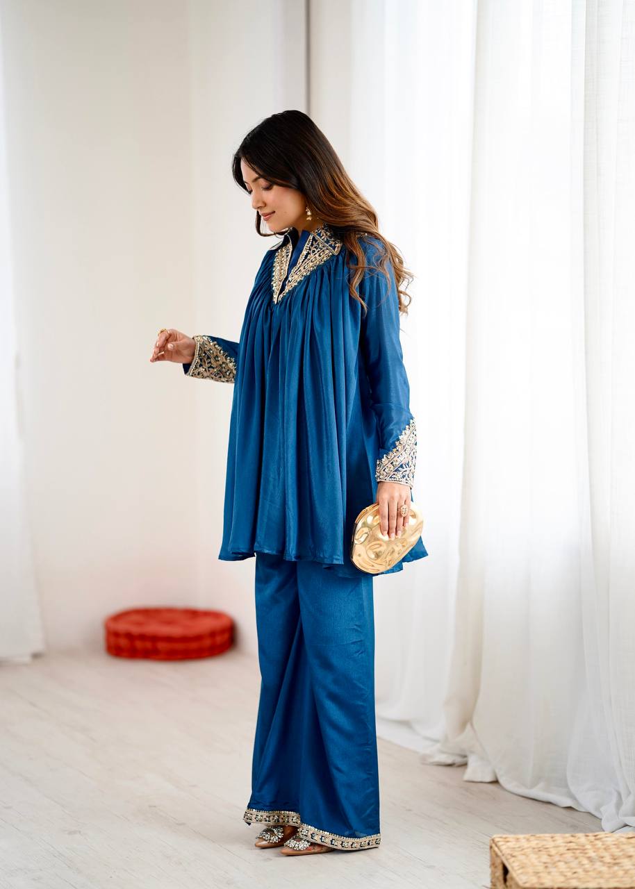 New Look Designer Heavy Chinon Embroidery Sequence Top & Plazzo Set