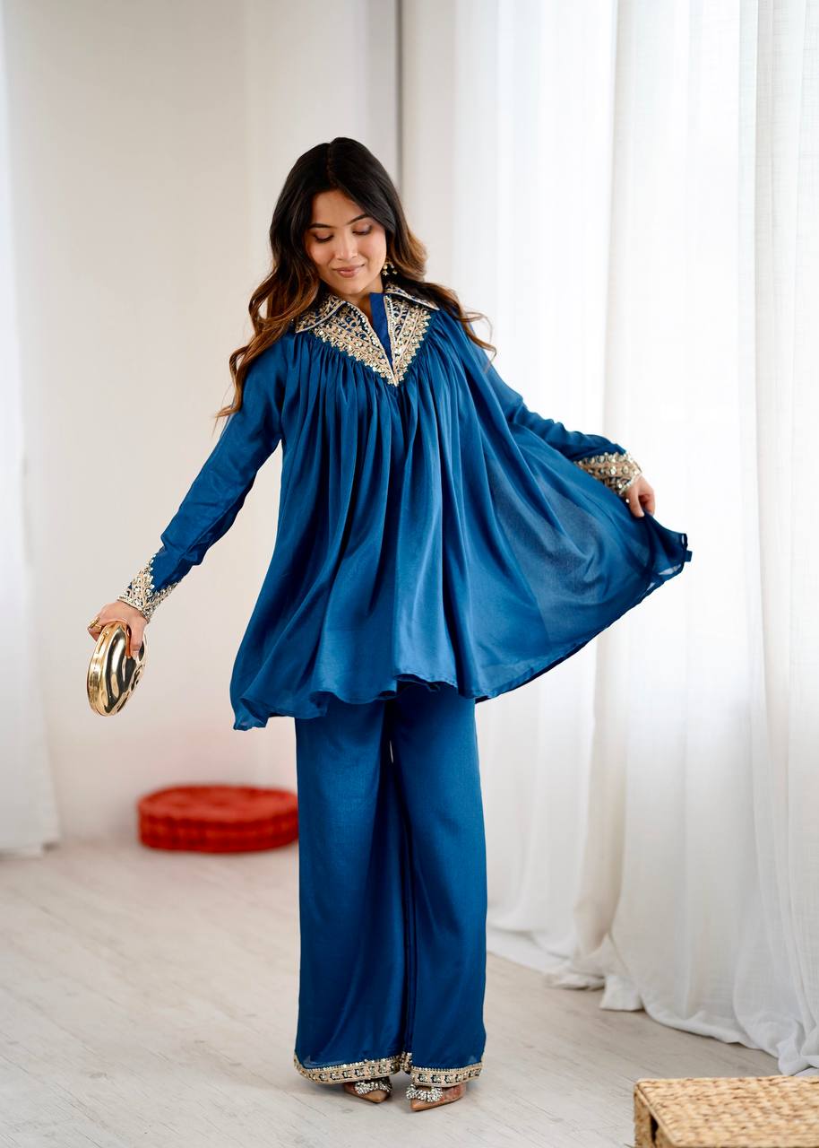 New Look Designer Heavy Chinon Embroidery Sequence Top & Plazzo Set
