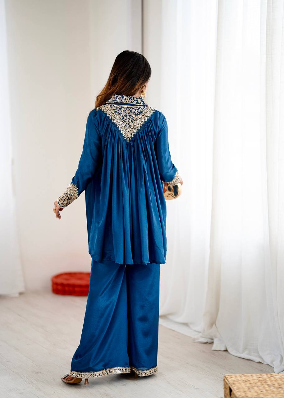 New Look Designer Heavy Chinon Embroidery Sequence Top & Plazzo Set