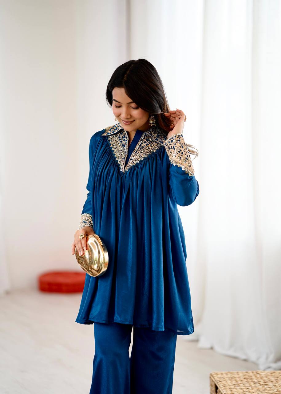 New Look Designer Heavy Chinon Embroidery Sequence Top & Plazzo Set