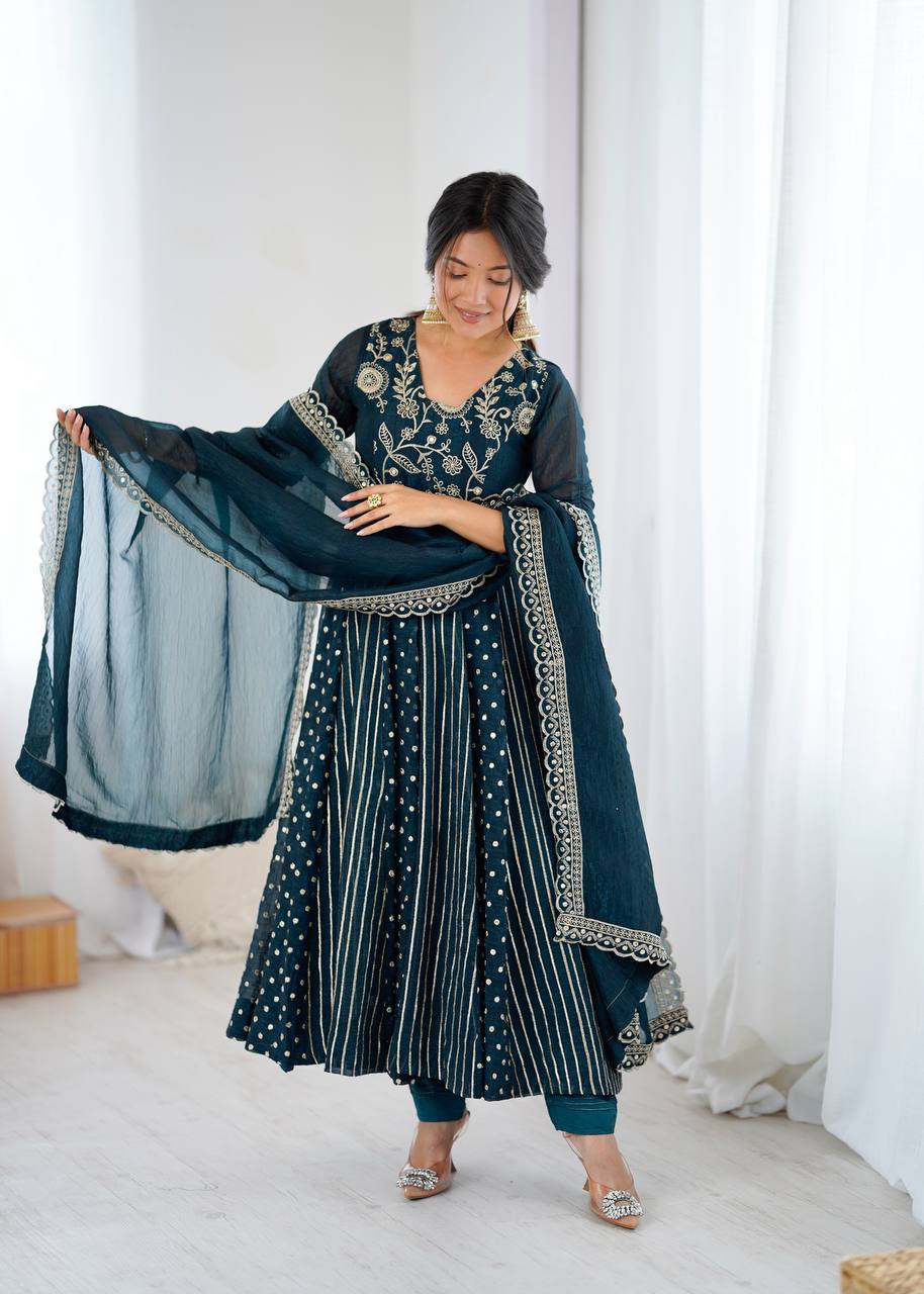 New Partywear Premium Crunchy Silk with a full Flair Anarkali Kurta Set