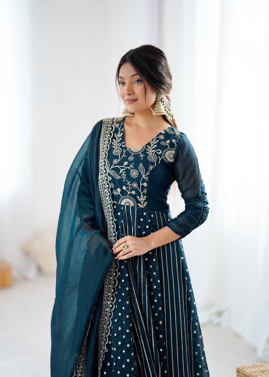 New Partywear Premium Crunchy Silk with a full Flair Anarkali Kurta Set