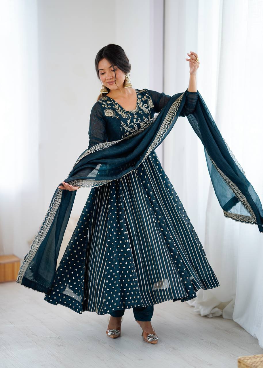 New Partywear Premium Crunchy Silk with a full Flair Anarkali Kurta Set