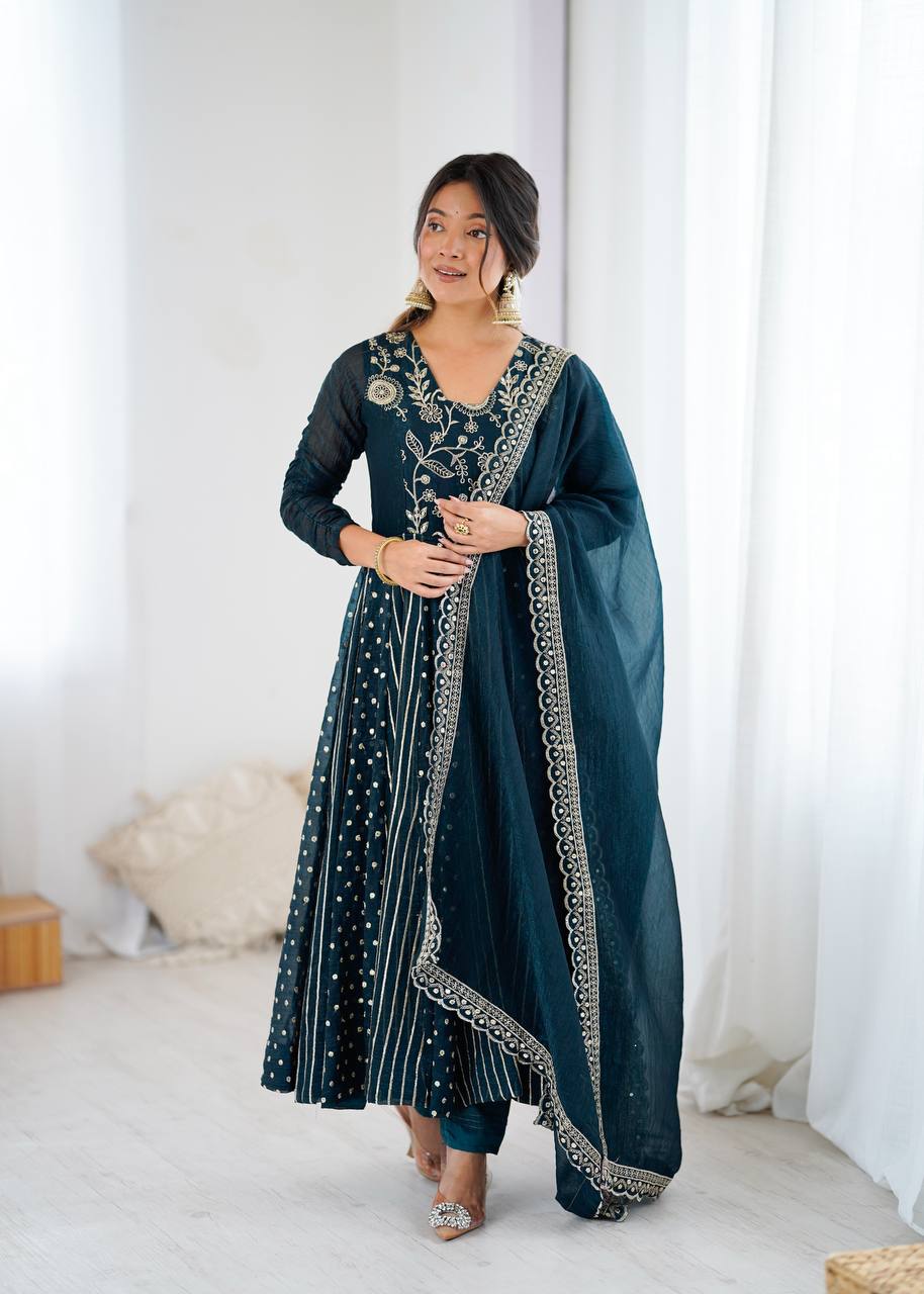 New Partywear Premium Crunchy Silk with a full Flair Anarkali Kurta Set