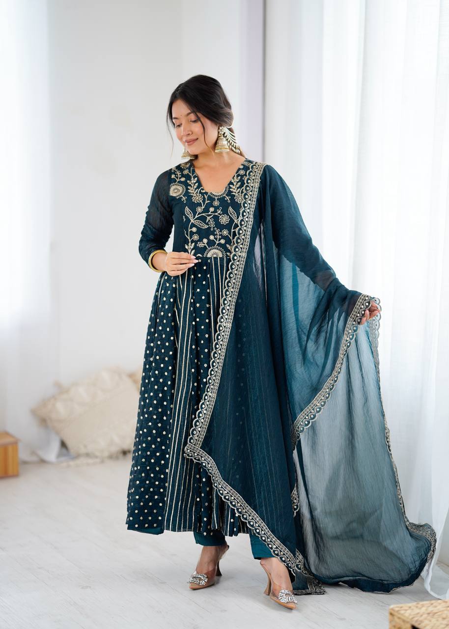 New Partywear Premium Crunchy Silk with a full Flair Anarkali Kurta Set