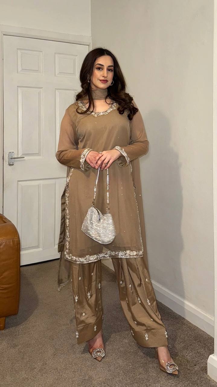 New Partywear Georgette Embroidery Kurta With Pant Set