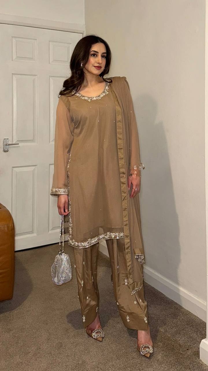 New Partywear Georgette Embroidery Kurta With Pant Set