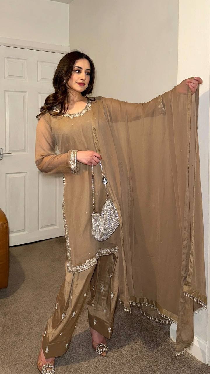 New Partywear Georgette Embroidery Kurta With Pant Set