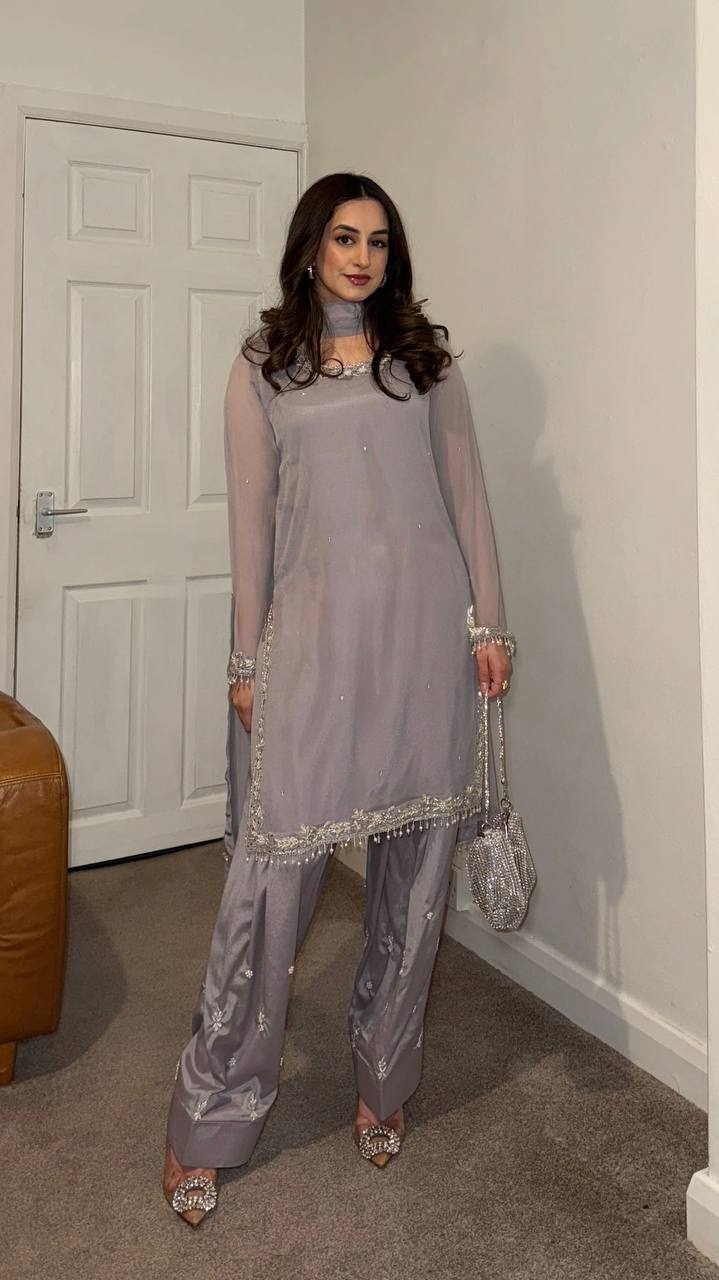 New Partywear Georgette Embroidery Kurta With Pant Set