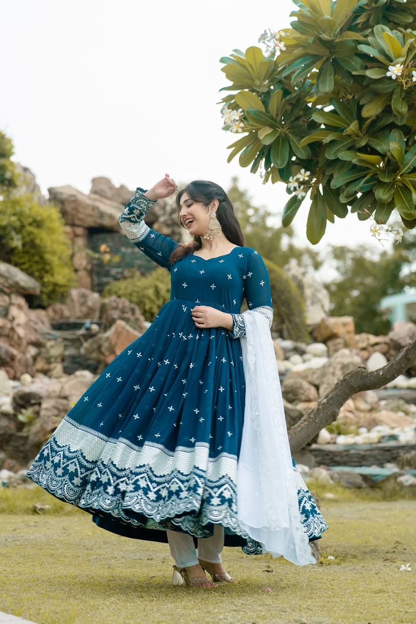 New Partywear Blue Color Faux Georgette Anarkali Suit Set