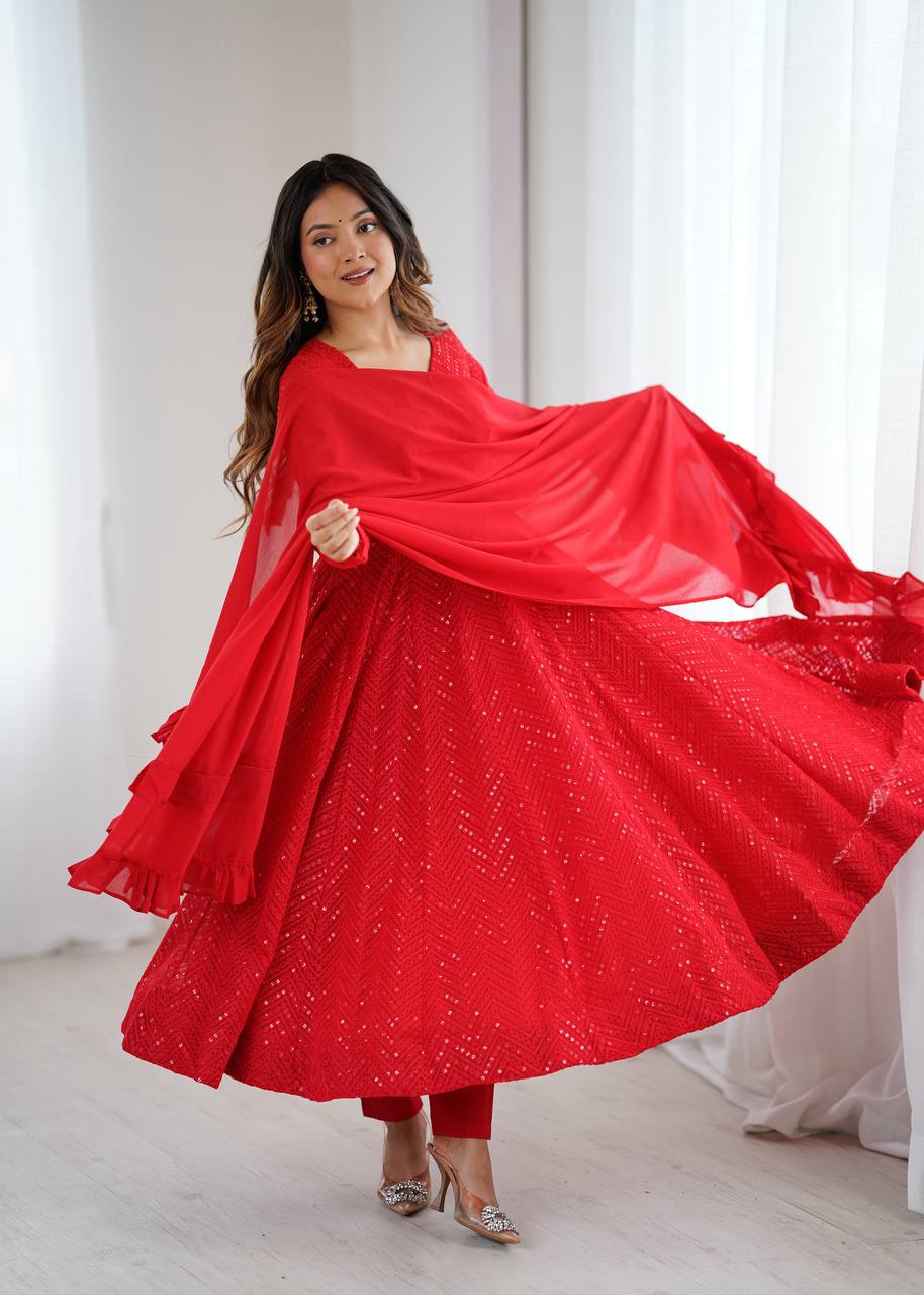 Red Elegant Soft Georgette Lucknowi Sequence Anarkali Suit Set