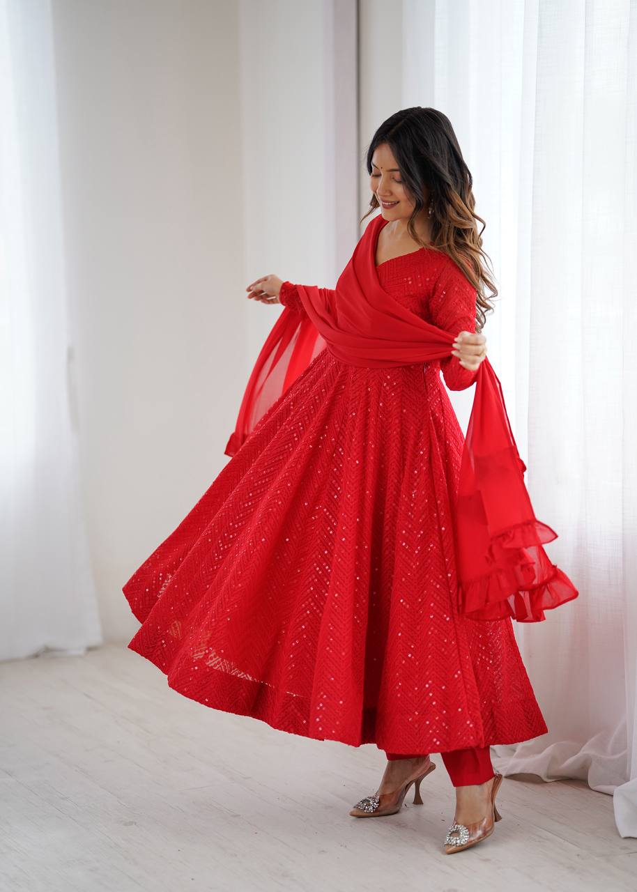 Red Elegant Soft Georgette Lucknowi Sequence Anarkali Suit Set