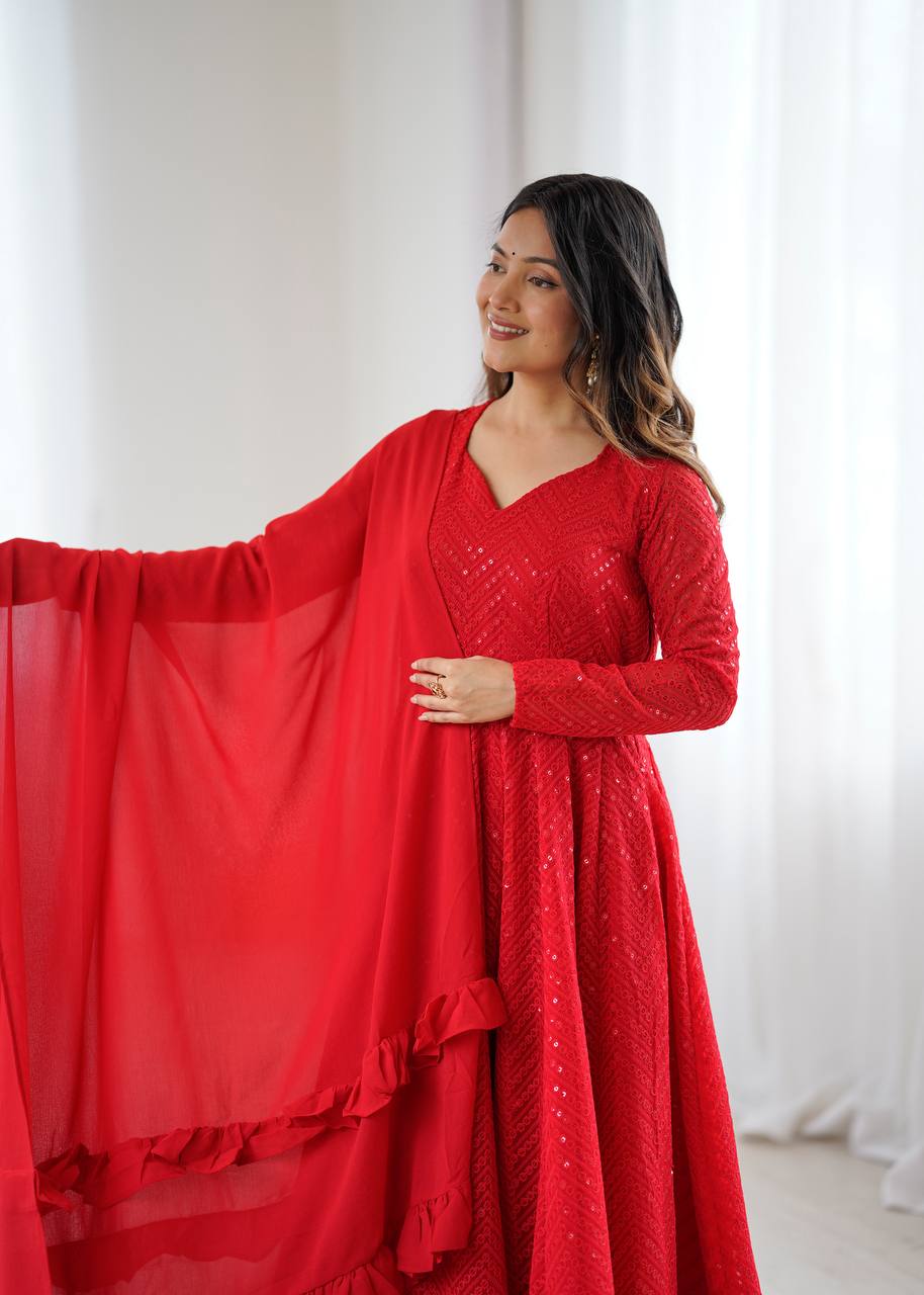 Red Elegant Soft Georgette Lucknowi Sequence Anarkali Suit Set