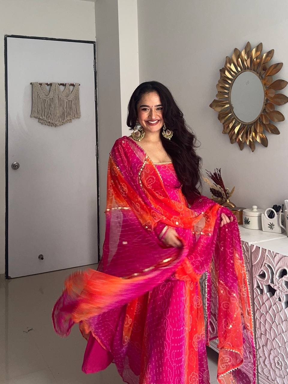 New Premium Faux Georgette Bandhej Anarkali Gown with Dupatta
