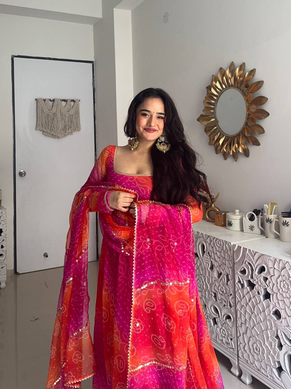 New Premium Faux Georgette Bandhej Anarkali Gown with Dupatta
