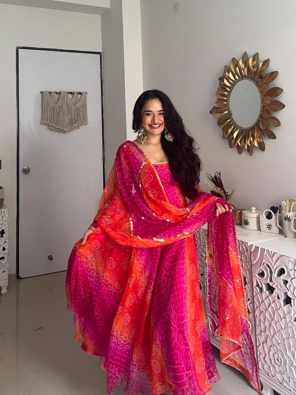 New Premium Faux Georgette Bandhej Anarkali Gown with Dupatta