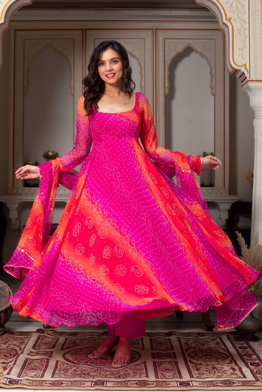 New Premium Faux Georgette Bandhej Anarkali Gown with Dupatta