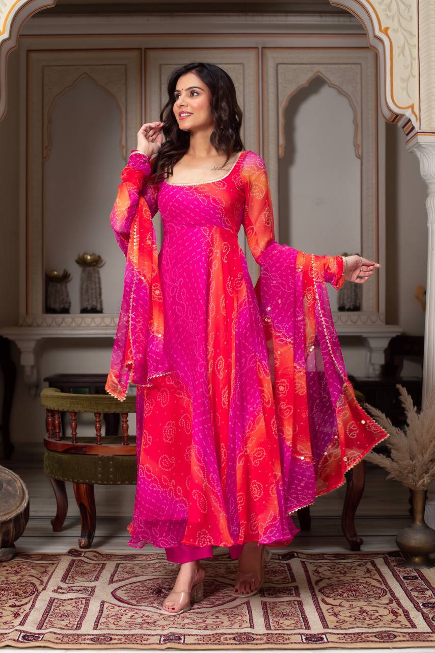 New Premium Faux Georgette Bandhej Anarkali Gown with Dupatta