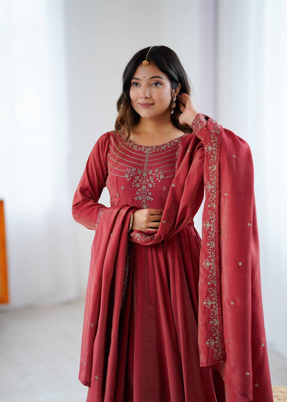 Premium Roman Shimmer Chanderi Silk Anarkali Set