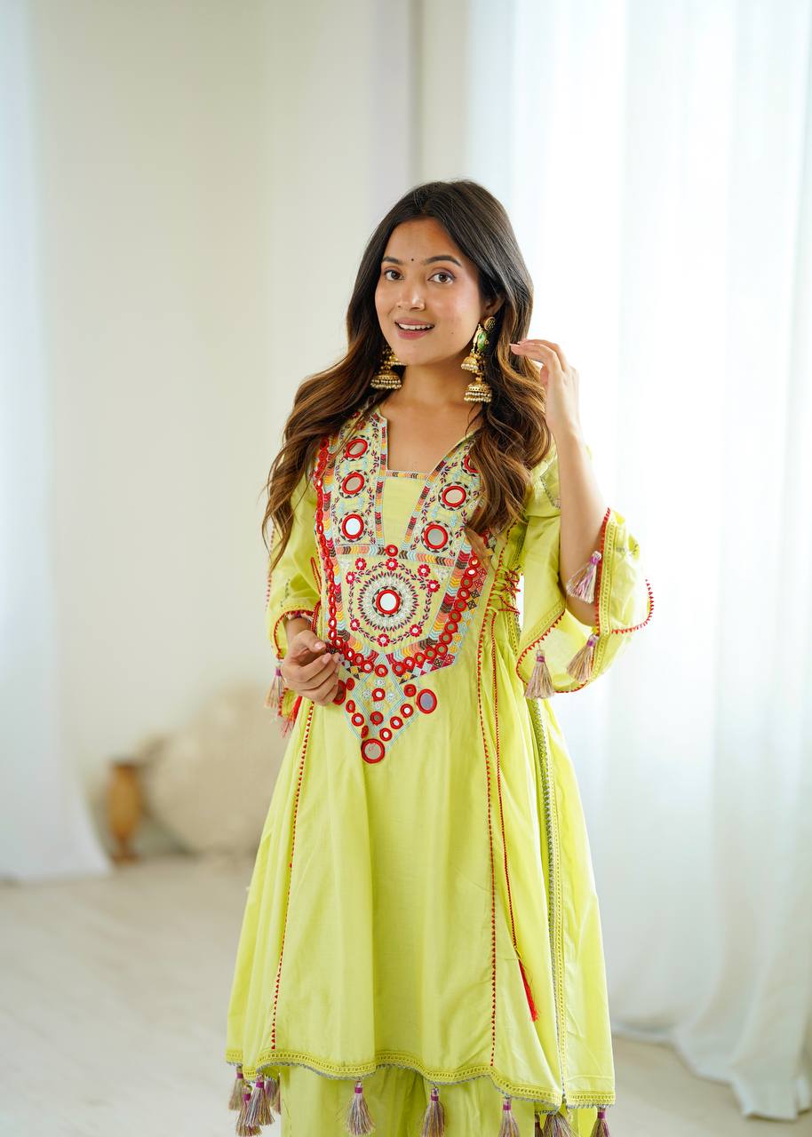 Designer Pure Khadi Cotton Kurta Palazzo Set with Mirror Embroidery