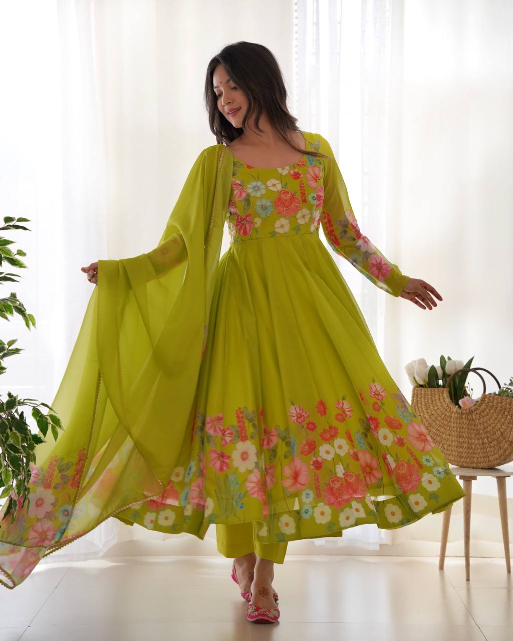 Green Color Organza Silk Anarkali Suit