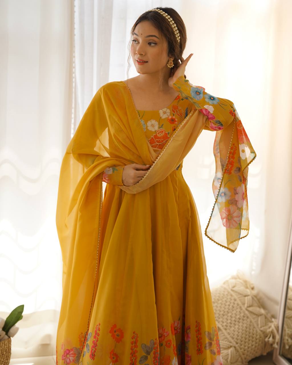 Yellow Color Organza Silk Anarkali Suit