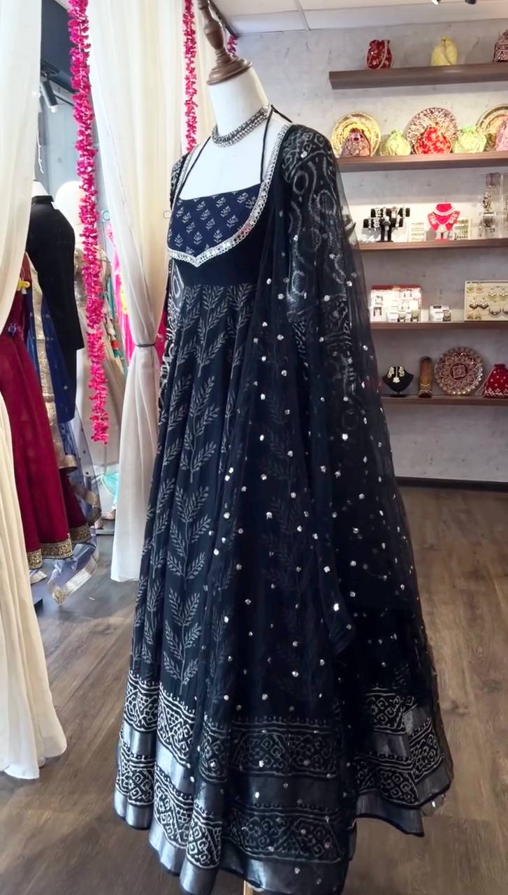 Classic Neavy Blue Block Print Muslin Cotton Anarkali Set