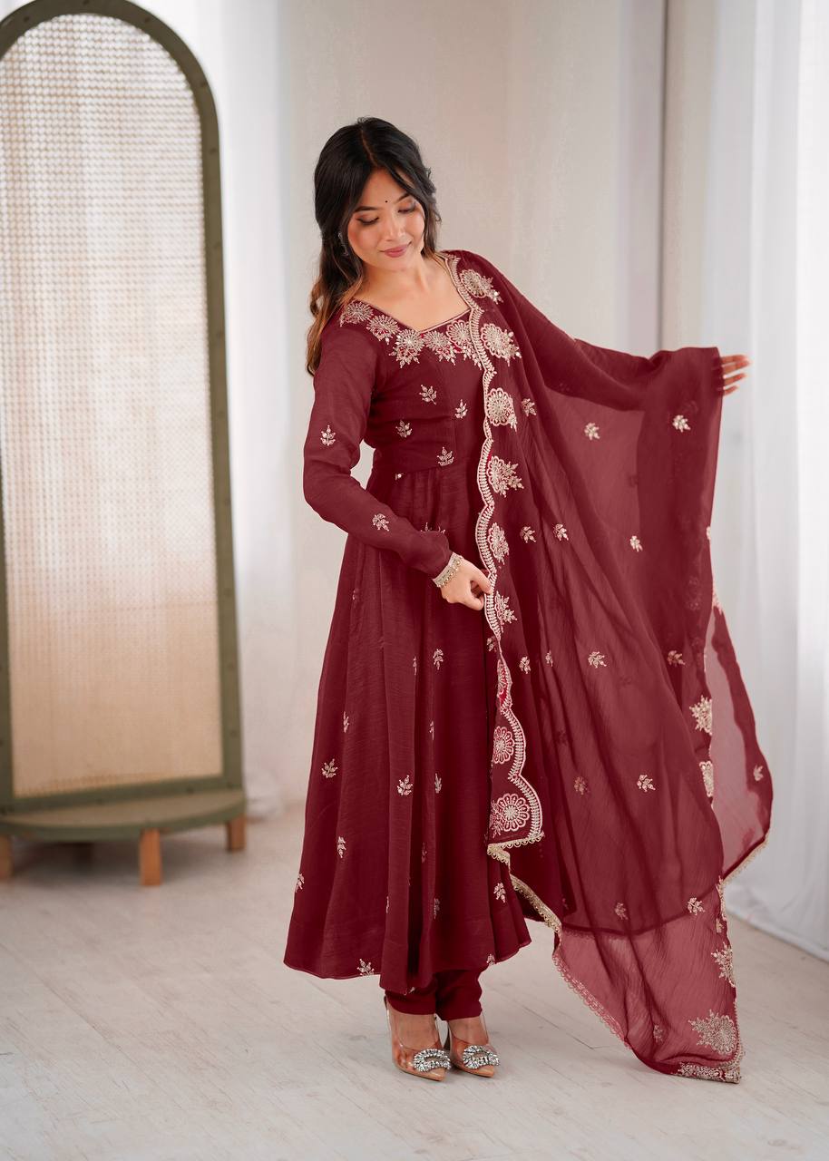 Wedding & Party Wear Anarkali Gown – Crunchy Silk with Embroidery & Dupatta