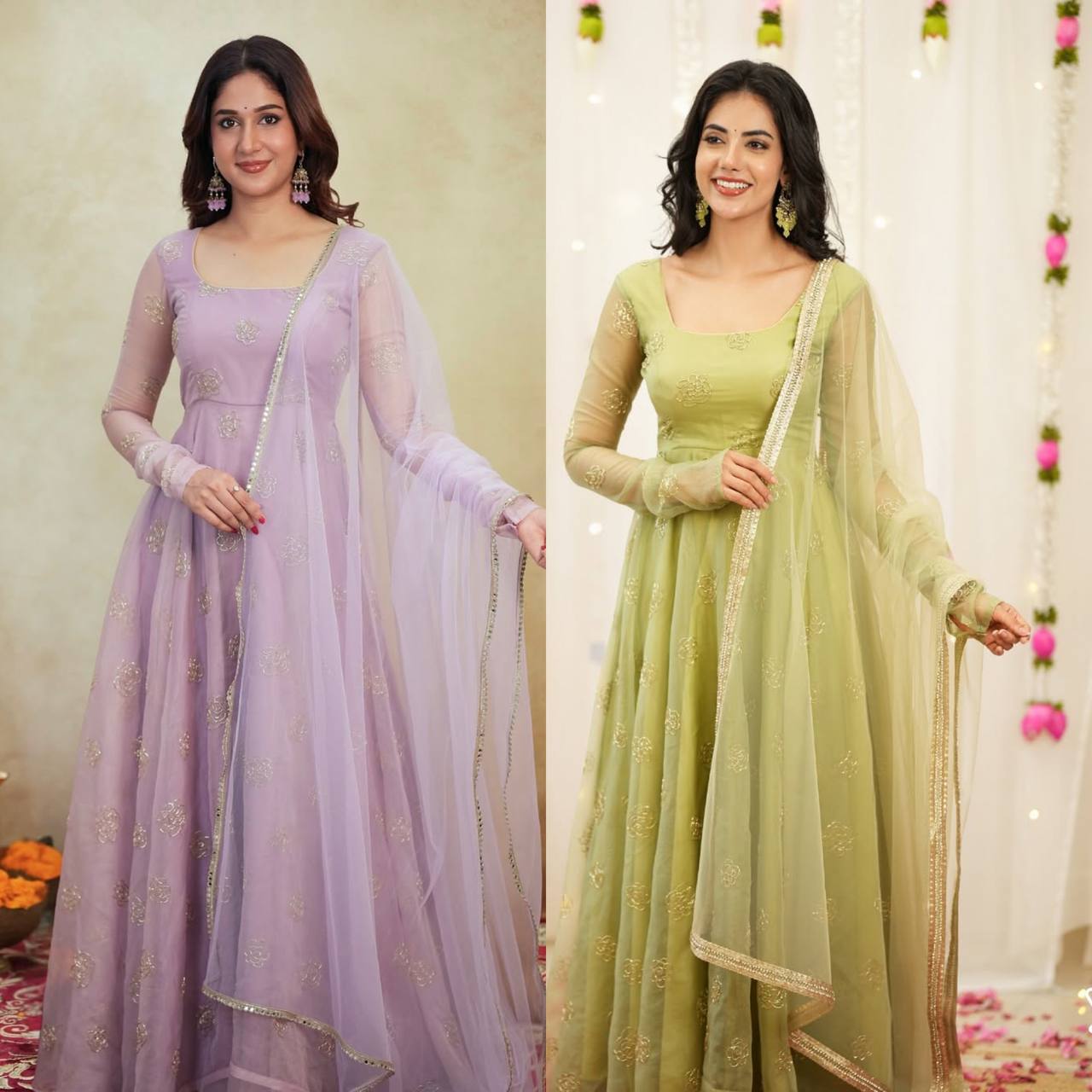 Pastel Embroidered Anarkali Suit Set with Soft Net Dupatta