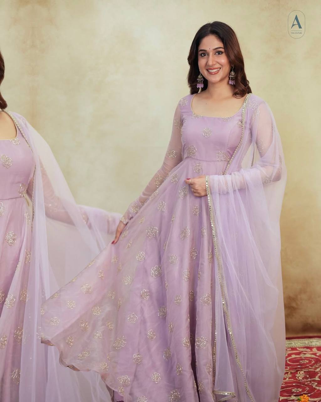 Pastel Embroidered Anarkali Suit Set with Soft Net Dupatta