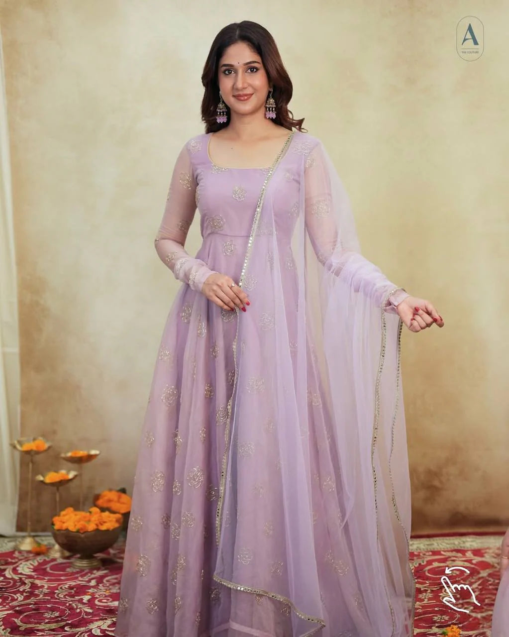Pastel Embroidered Anarkali Suit Set with Soft Net Dupatta