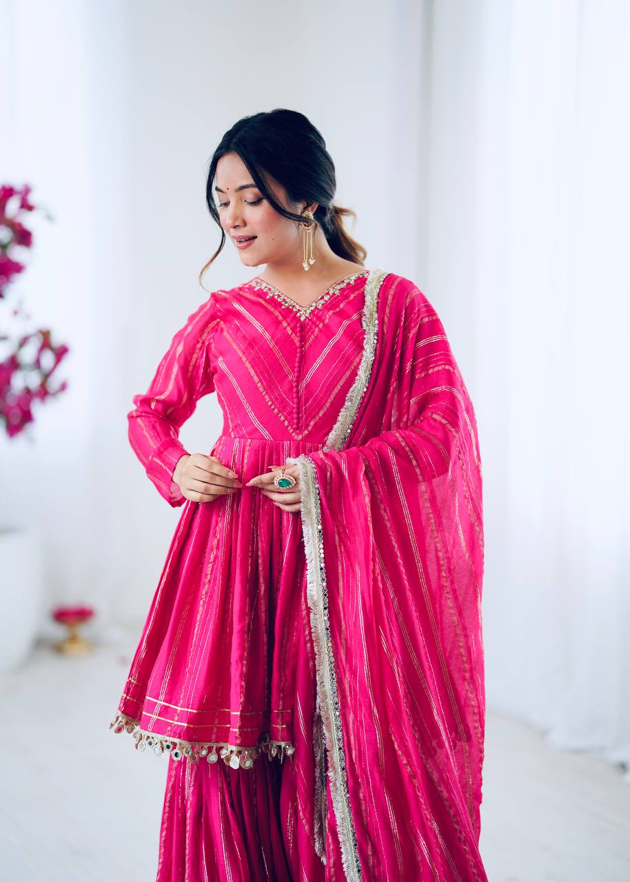 Mal Chanderi Sharara Set with Real Mirror Handwork & Dupatta – Fully Stitched