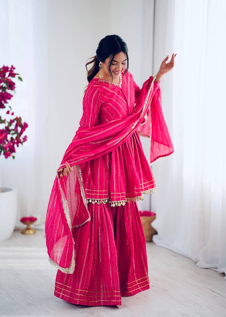 Mal Chanderi Sharara Set with Real Mirror Handwork & Dupatta – Fully Stitched