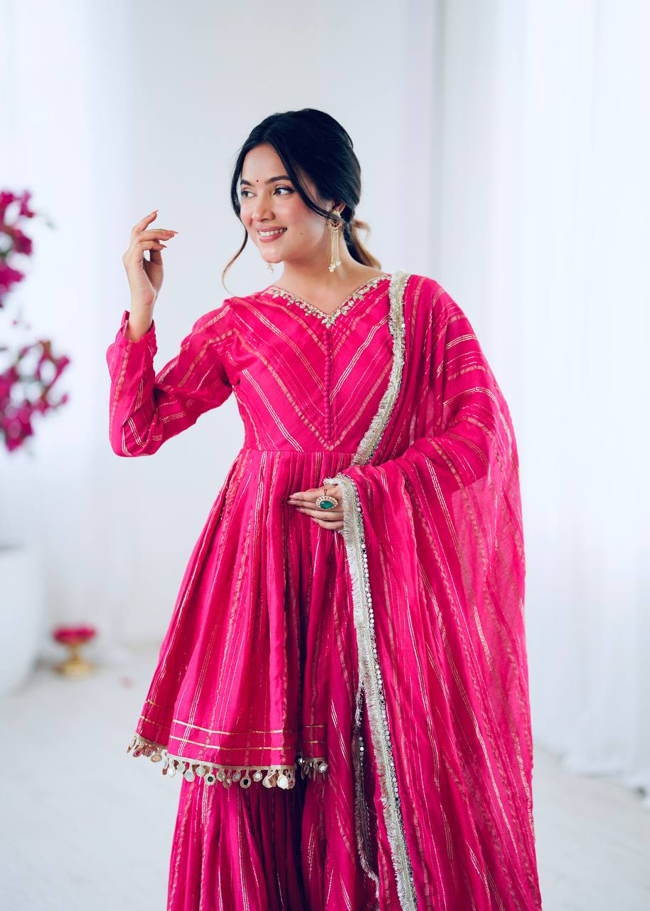 Mal Chanderi Sharara Set with Real Mirror Handwork & Dupatta – Fully Stitched