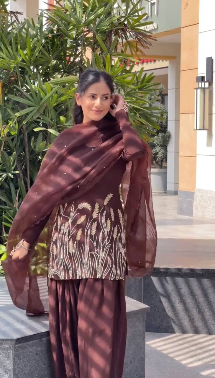 New Function Wear Georgette Embroidery With Sequence Work Kurta With Comfort Pant Set