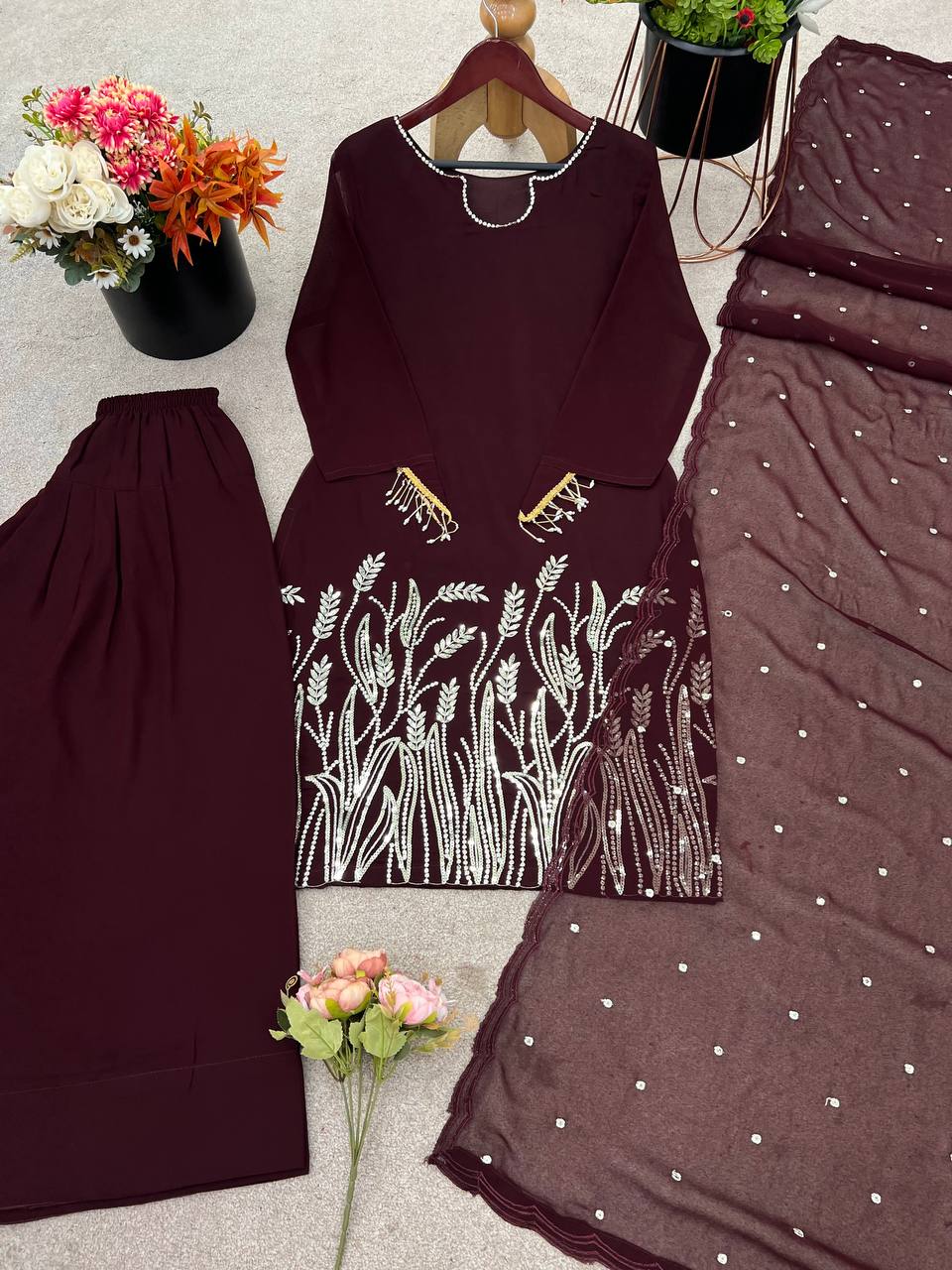 New Function Wear Georgette Embroidery With Sequence Work Kurta With Comfort Pant Set