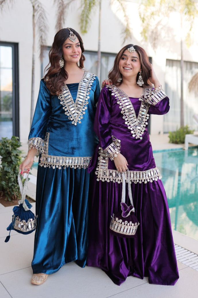 PREMIUM ICE VELVET KURTA PALAZZO SET WITH BATWA