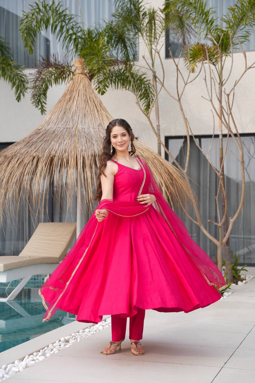Pink Color Roman Silk Chanderi with Mirror Lace Anarkali Suit With Dupatta