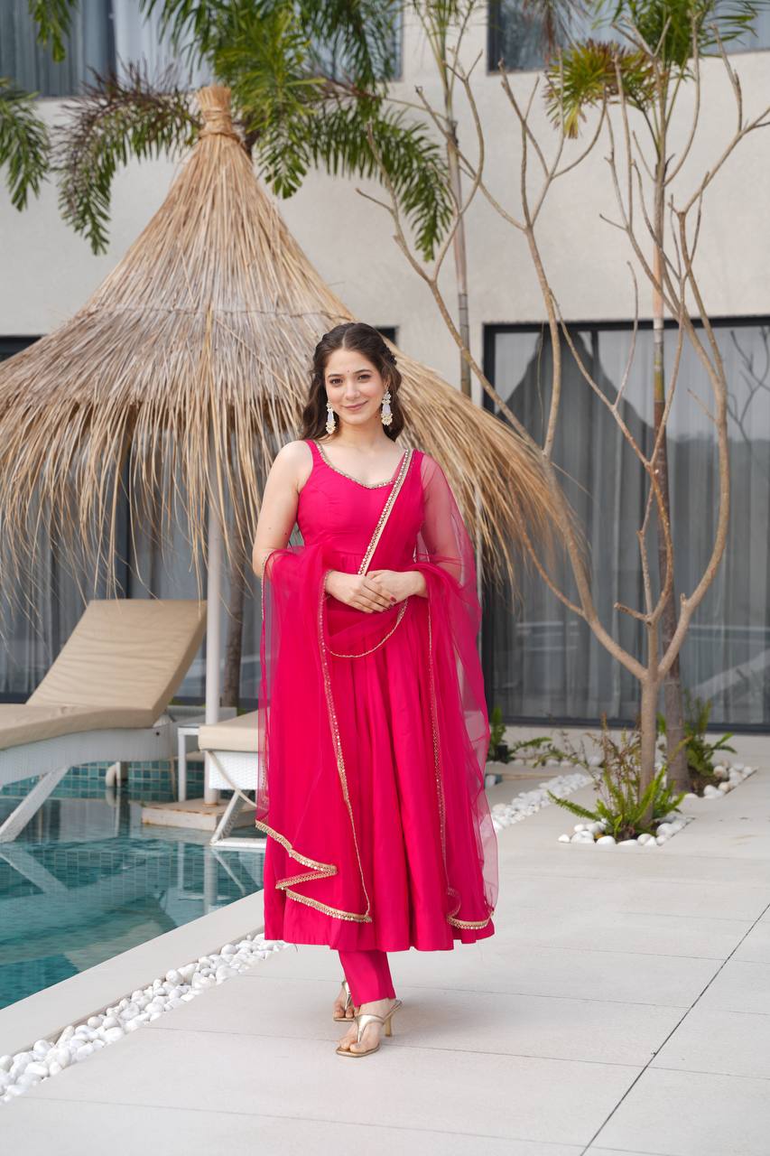 Pink Color Roman Silk Chanderi with Mirror Lace Anarkali Suit With Dupatta