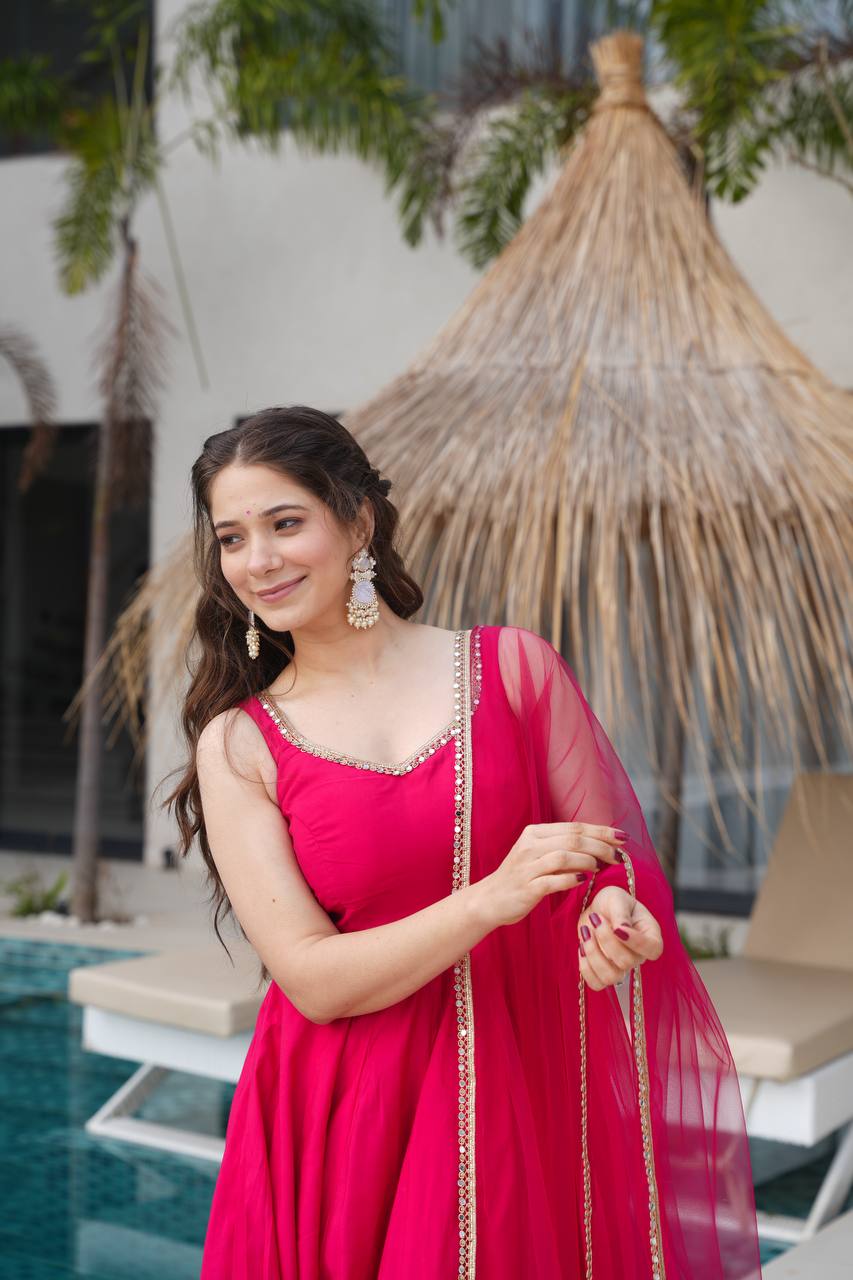 Pink Color Roman Silk Chanderi with Mirror Lace Anarkali Suit With Dupatta