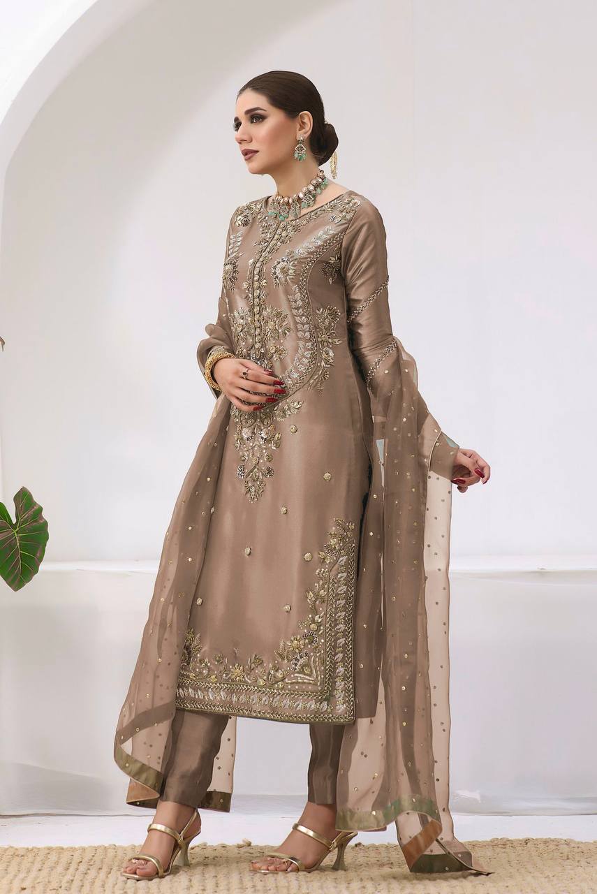 Designer Silk Embroidered Top with Butter Silk Pant & Fancy Dupatta