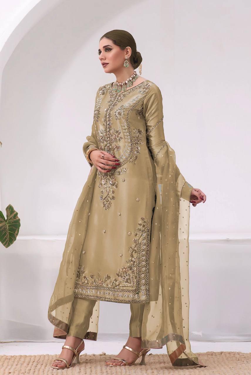 Designer Silk Embroidered Top with Butter Silk Pant & Fancy Dupatta
