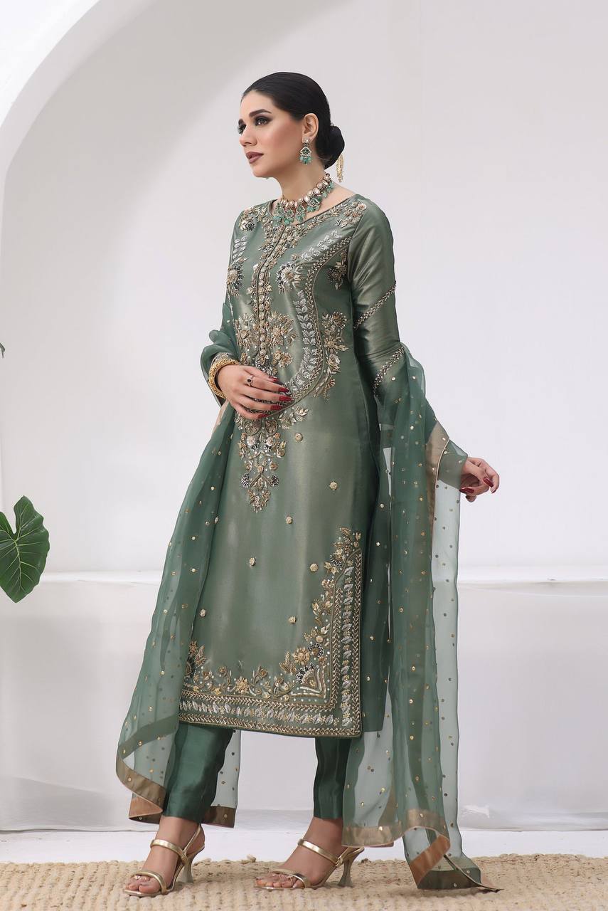 Designer Silk Embroidered Top with Butter Silk Pant & Fancy Dupatta