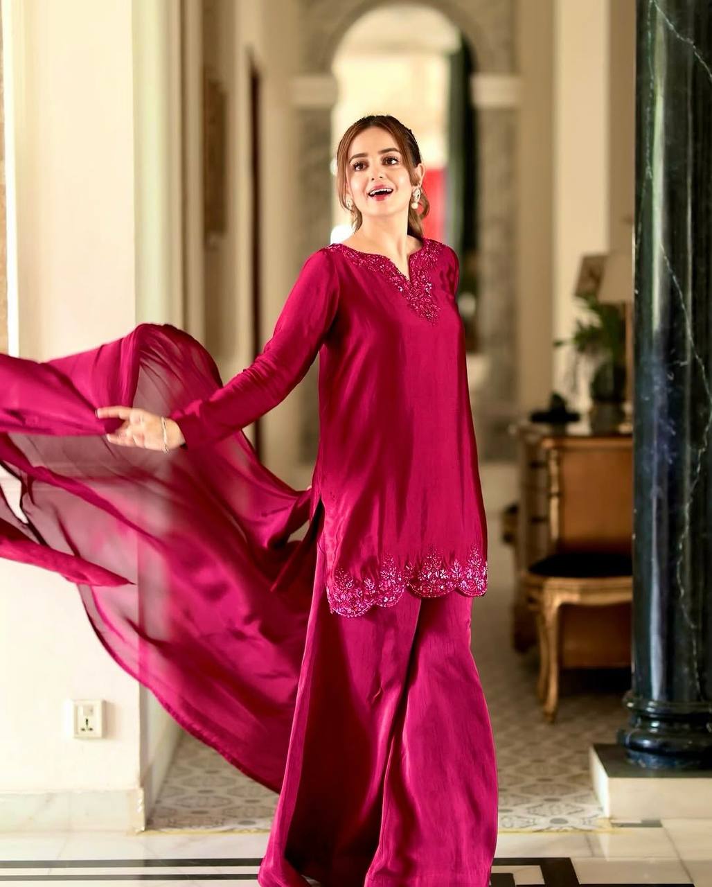 New Partywear Natural Crepe Embroidery Kurta With Pant Set