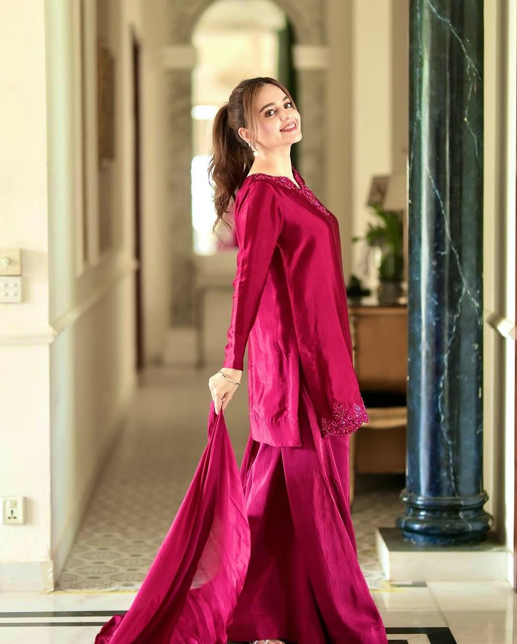 New Partywear Natural Crepe Embroidery Kurta With Pant Set